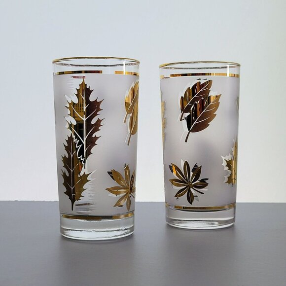 MCM Libbey Golden Foliage Tumbler Set of 2, Gold Leaves & Rim on Frosted Glass - Picture 2 of 11